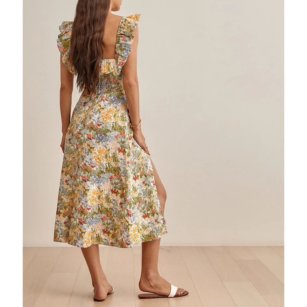 

Женское шифоновое платье миди без рукавов, элегантное пляжное платье с цветочным принтом, оборками и квадратным вырезом, с разрезом сзади, д...