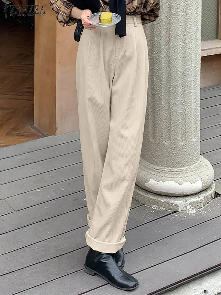 

ZANZEA Spring High Waist Long Wide Leg Pants Fashion Women Vintage Corduroy Trousers Casual Loose Palazzo Retro Baggy Pantalon