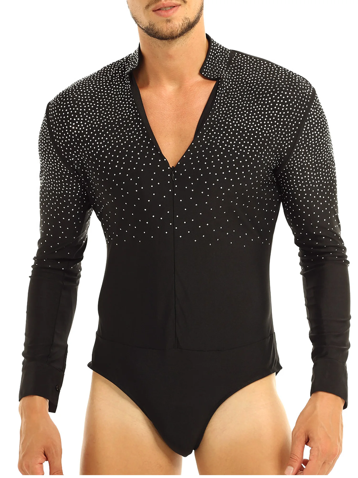 Men Shiny Rhinestones V-neck Dancing Shirt Tops Long Sleeve Ballroom Latin Tango Rumba Dance Shirt Leotard Bodysuit Dancewear