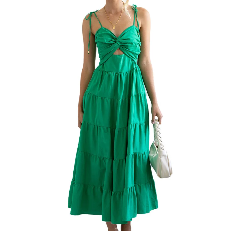 Summer Green Dress Woman Spaghetti Strap V-neck Vestido Casual Woman Dresses