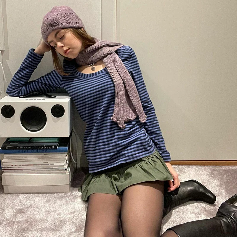 

2022 New Women Striped Long Sleeve T-shirts Female Streetwear Autumn Spring Cotton Tees Tops Retro