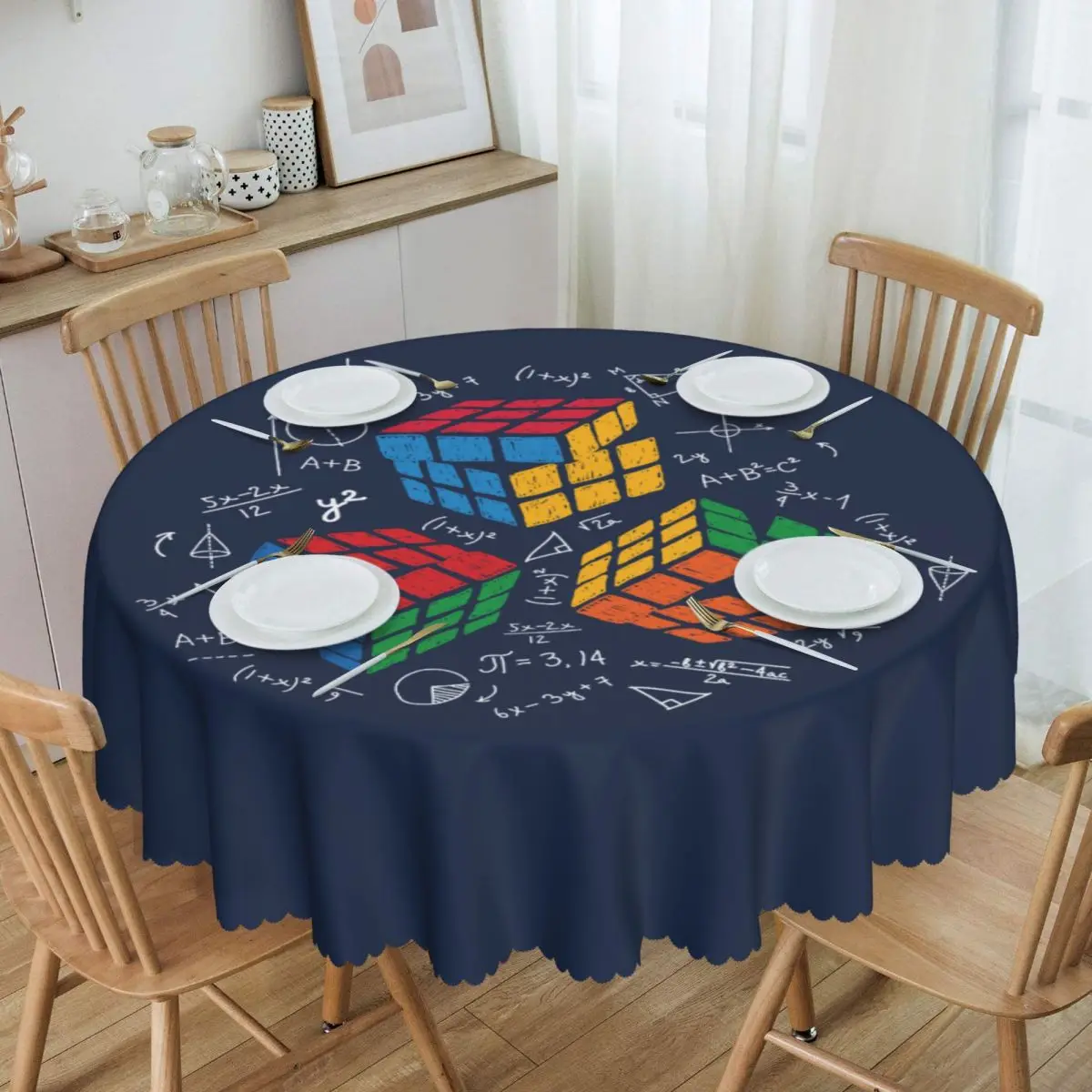 

Round Oilproof Math Rubiks Cube Table Cover Geek Teacher Gift Tablecloth for Picnic 60 inch Table Cloth