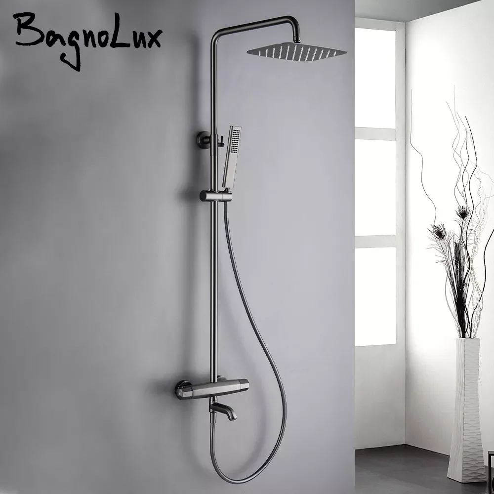 

Gray Brass Thermostatic Three Functions Bathtub Diverter Mixer Tap Multifunction Hand Held Shower Head Bathroom Faucet