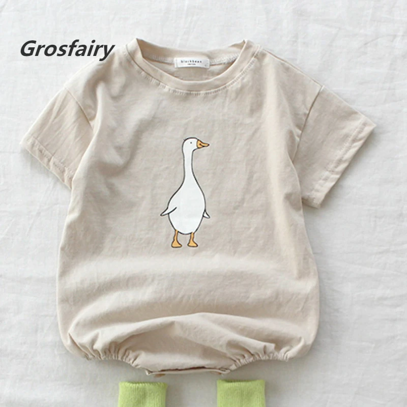 2022 Korean Style Summer Baby Wear Girl Boy Girl Bodysuit Round Collar Beige Cartoon Cotton Thin Jumpsuit Child Clothes