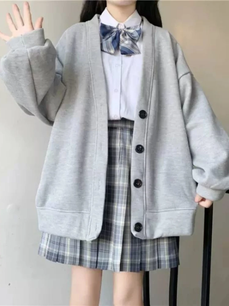 

QWEEK Preppy Style Gray Cardigan Hoodies Women Harajuku Kawaii Oversized Loose Sweatshirts Black All-match Tops Japan Sweet