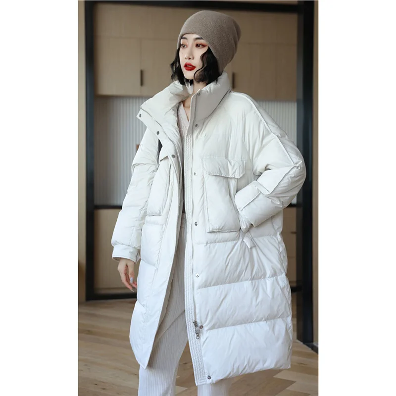 

Women White Down Jacket Long Stand Collar Duck Down Cotton Clothes Warm Thicken Windproof Fashion Oversized Winter Coat Tops