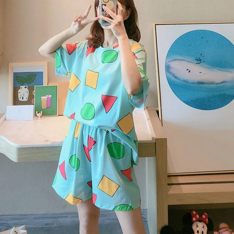 Pajamas Short-Sleeved Korean Cartoon Fresh And Thin Home Service 4-Piece Blue XXL