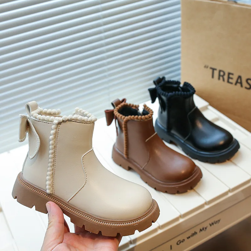 

Girls Fashion Boots PU Leather Solid Color Autumn Winter Kids Princess Ankle Boots Causal Party Versatile Children Cotton Boots