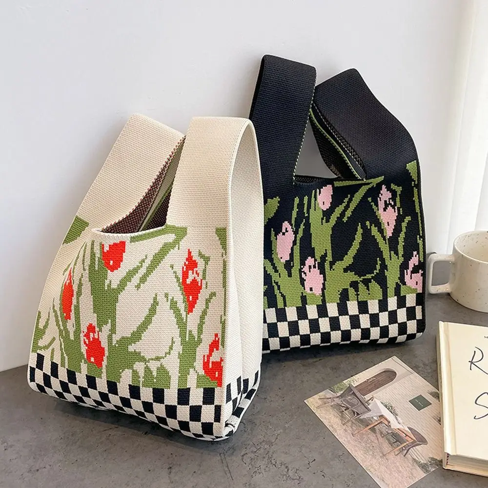 

Bag Grid Top Handle Bag Cosmetic Bag Lattice Knot Bag Small Stripe Handbag Tulip Knitted Wrist Bag Woven Tote Bag