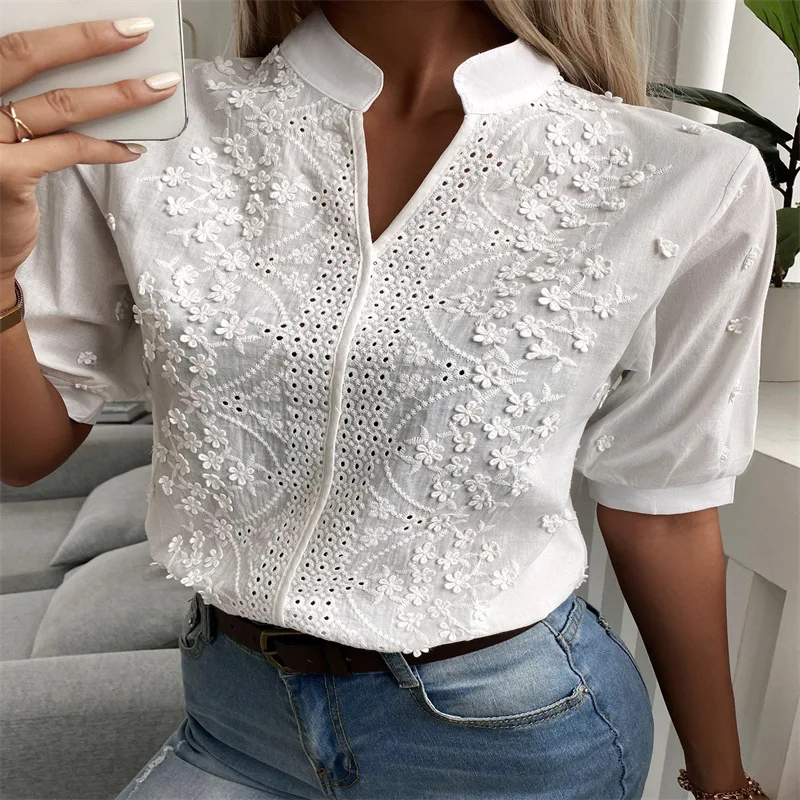 

Summer Floral Embroidery Lace Blouse Women Hollow-out Stand Collar V Neck Casual Shirt Elegant Short Sleeve Cotton Tops