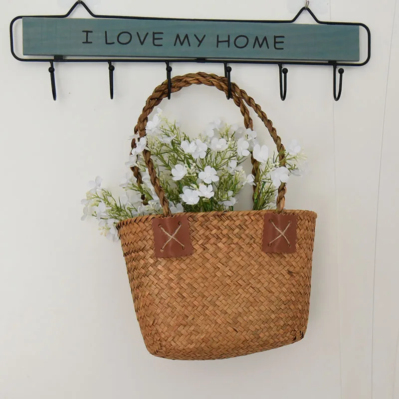 

Home Storage Decoration Accessories Straw Woven Bag Summer One Shoulder Women's Bag Handmade Solid Color Beach Bag Flower Basket