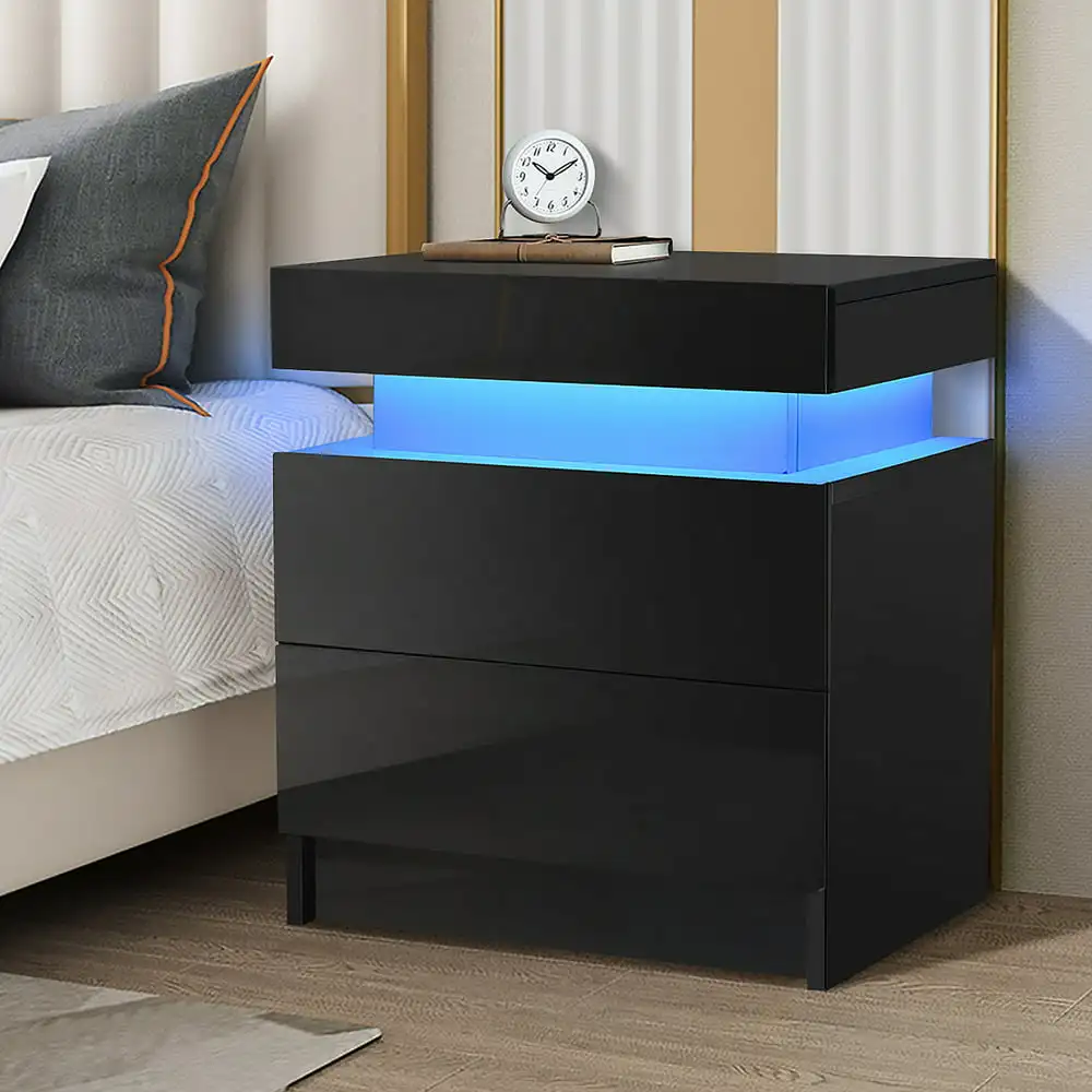 

2 Drawer Modern Nightstand with RGB LED Light High Gloss Bedside Tables for Bedroom Black