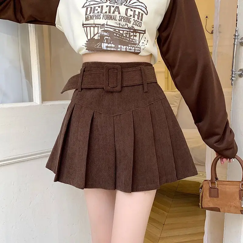 Corduroy pleated skirt poncho skirt Autumn and winter 2022 thickened short skirt  Button  A-LINE  Casual  Polyester