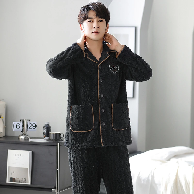 MIIOW Winter Men's Thermal Pajamas Flannel Thickened Warm Homewear Comfortable Soft Thermo Fleece Sleepwear Set for Man L-3xl
