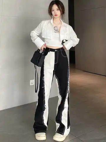 Fashion Women's Jeans Irregular Stitching Contrast Color Rough Edge Straight High Waist Denim Pants Autumn 2022 New 4XL
