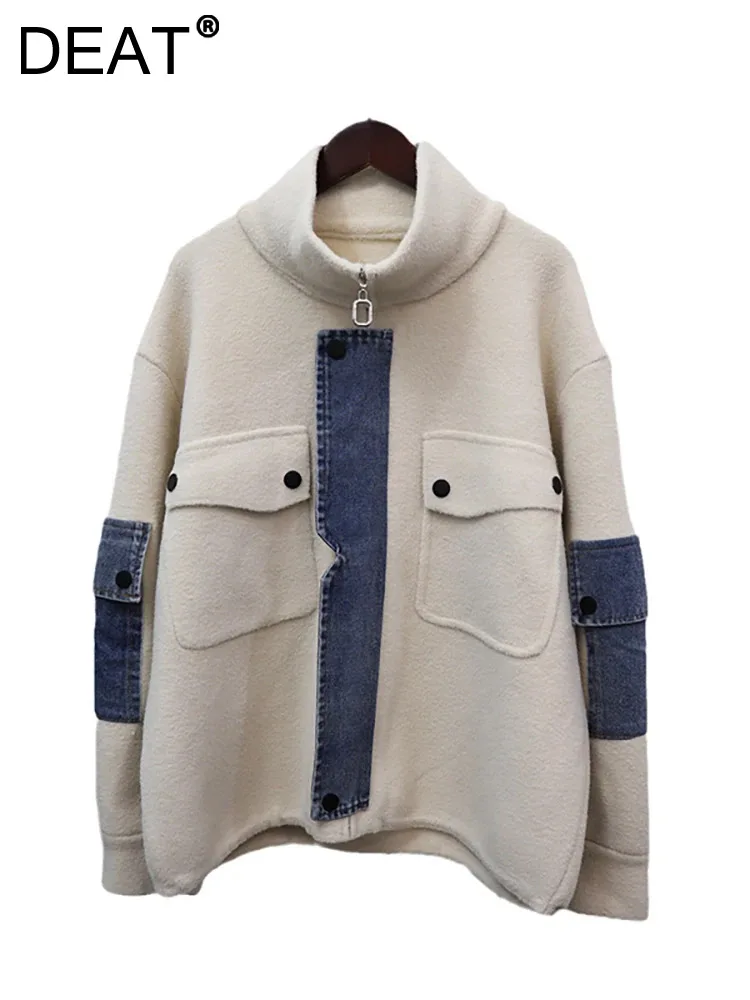 

DEAT Women's Knitted Sweater Knitted Patchwork Denim Pockets Zipper Double-sided Cardigan Coat 2023 Autumn New Fashion 29L5249