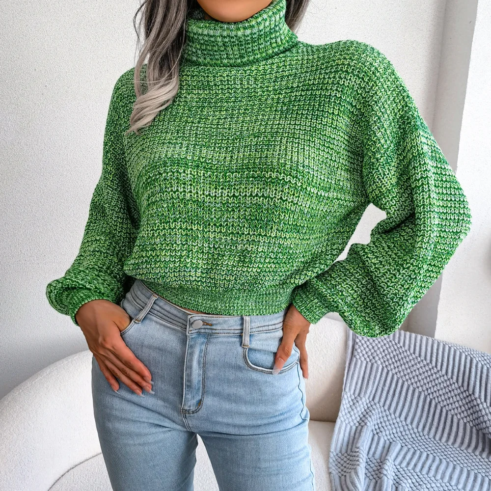 

Fashion Casual Sweater For Girls Autumn Winter Knitted Tops Long Lantern Sleeve Turtle Neck Female Lady Knitwear Women Sweaters