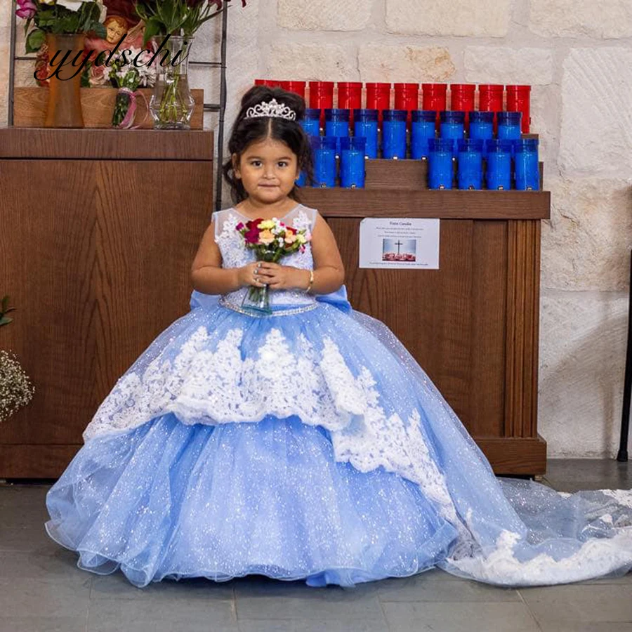 

Бальное платье с цветочным принтом для девочек, кружевное детское платье принцессы на день рождения, блестящее Тюлевое платье до пола без рукавов со шлейфом