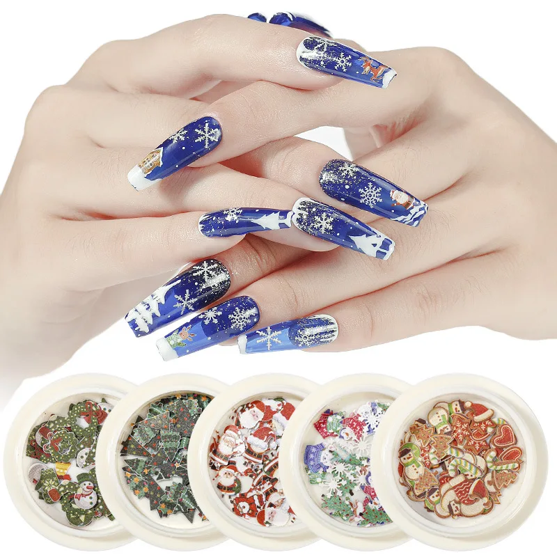

Christmas Nail Supplies 3D Gift Candy Christmas Tree Snowman Nail Art Decoration Accessories DIY Nail Sequins Wood Pulp Film
