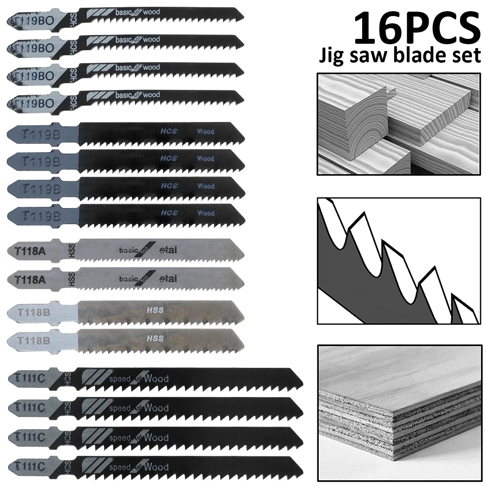 

16Pcs/set HCS/HSS Jig Saw Blades for Fast Cutting Blades Straight Cutting Jigsaw Blades T119BO/T119B/T111C/T118B/T118A Saw Blade