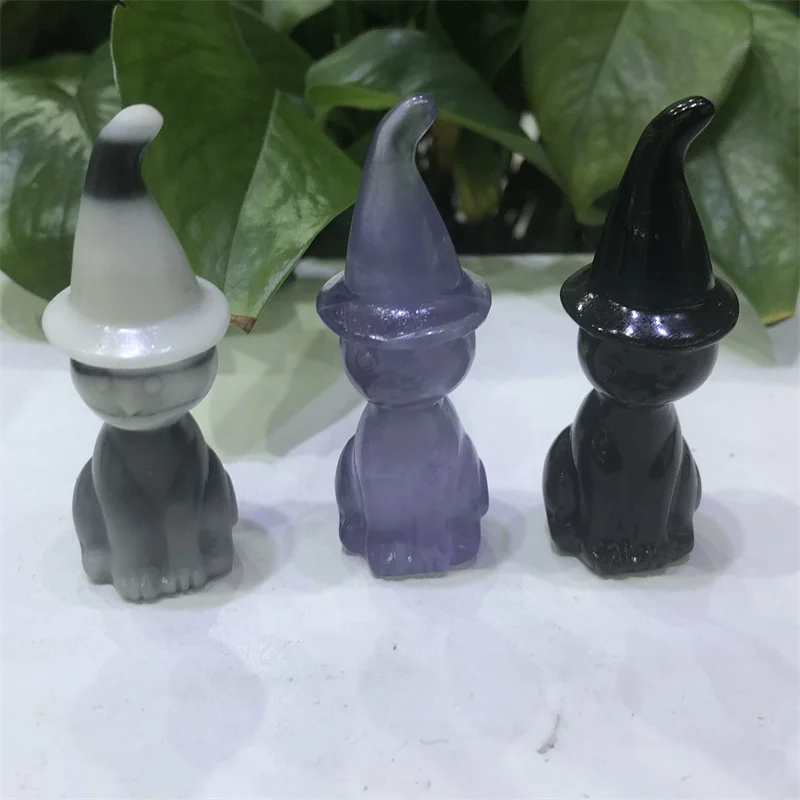 

Natural Crystal Stone Witch Cat Hand Carved Halloween Healing Wizard Crystal Room Decor 1pcs