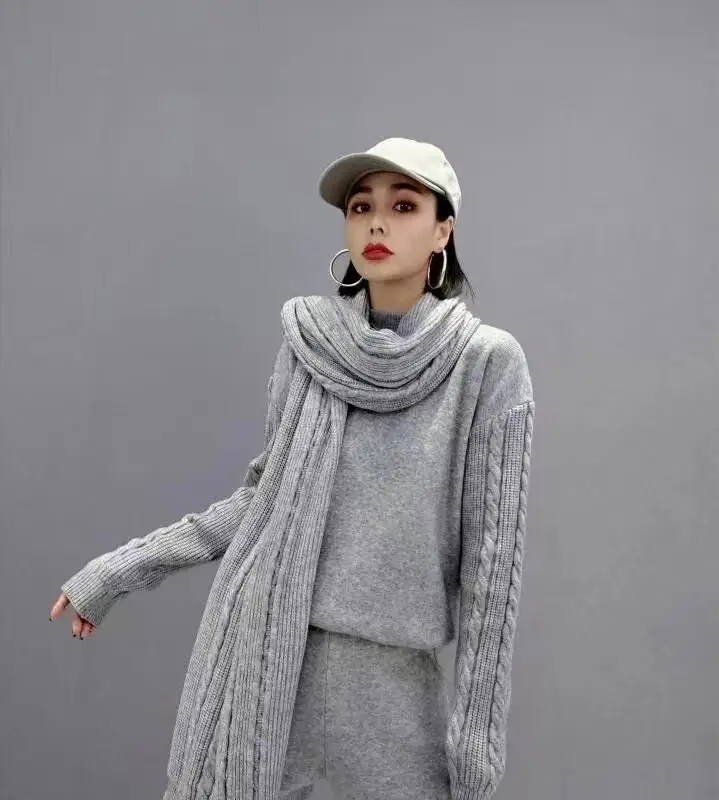 Autumn Winter Warm Knitted Women's Tracksuit Half High Collar Sweater Elastic Waist Pants Scarf Casual 3 Piece Set Women Outfit |