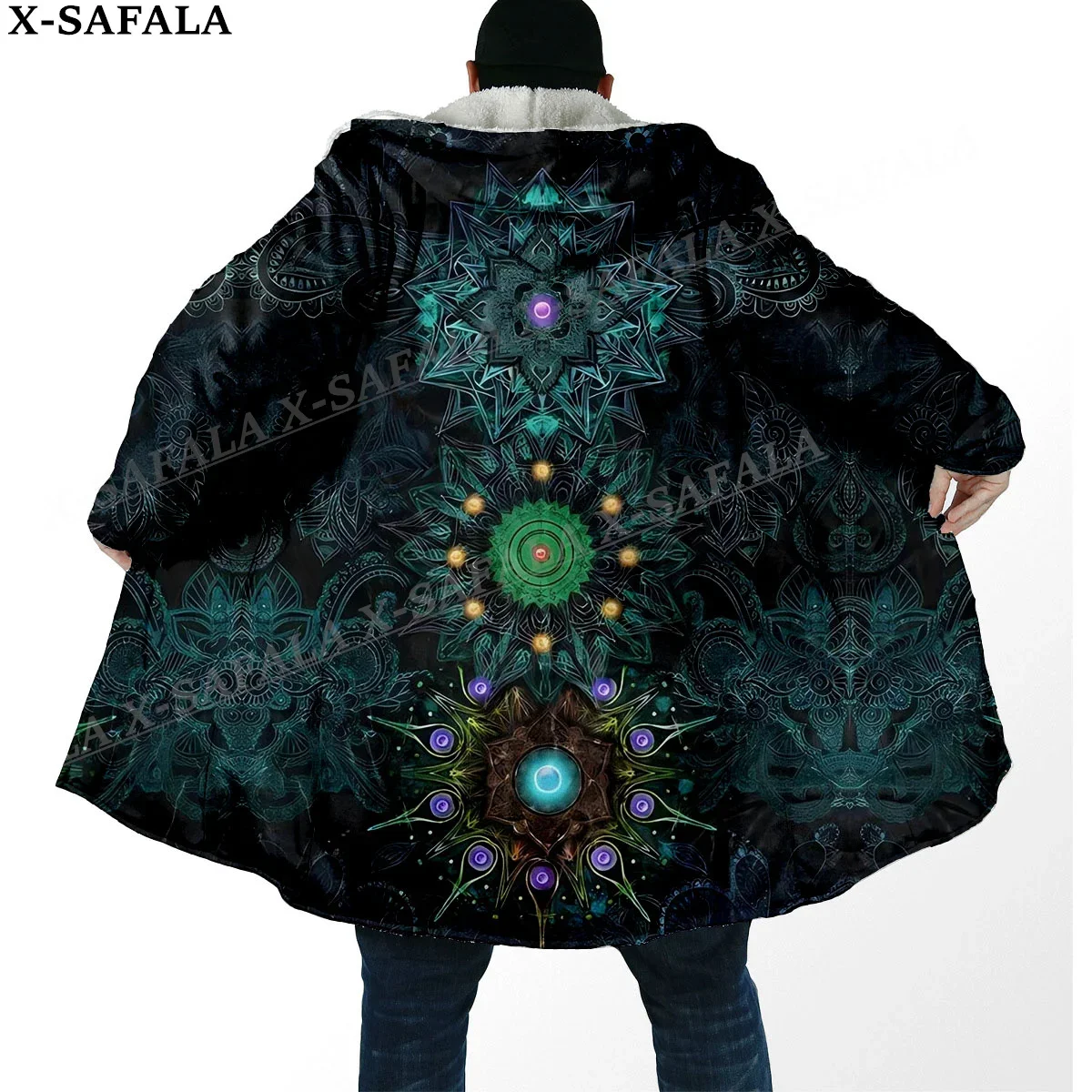 Mandala Trippy Psychedelic Colorful Arts Thick Warm Hooded Cloak Men Overcoat Coat Windproof Fleece Cape Robe Blanket-8