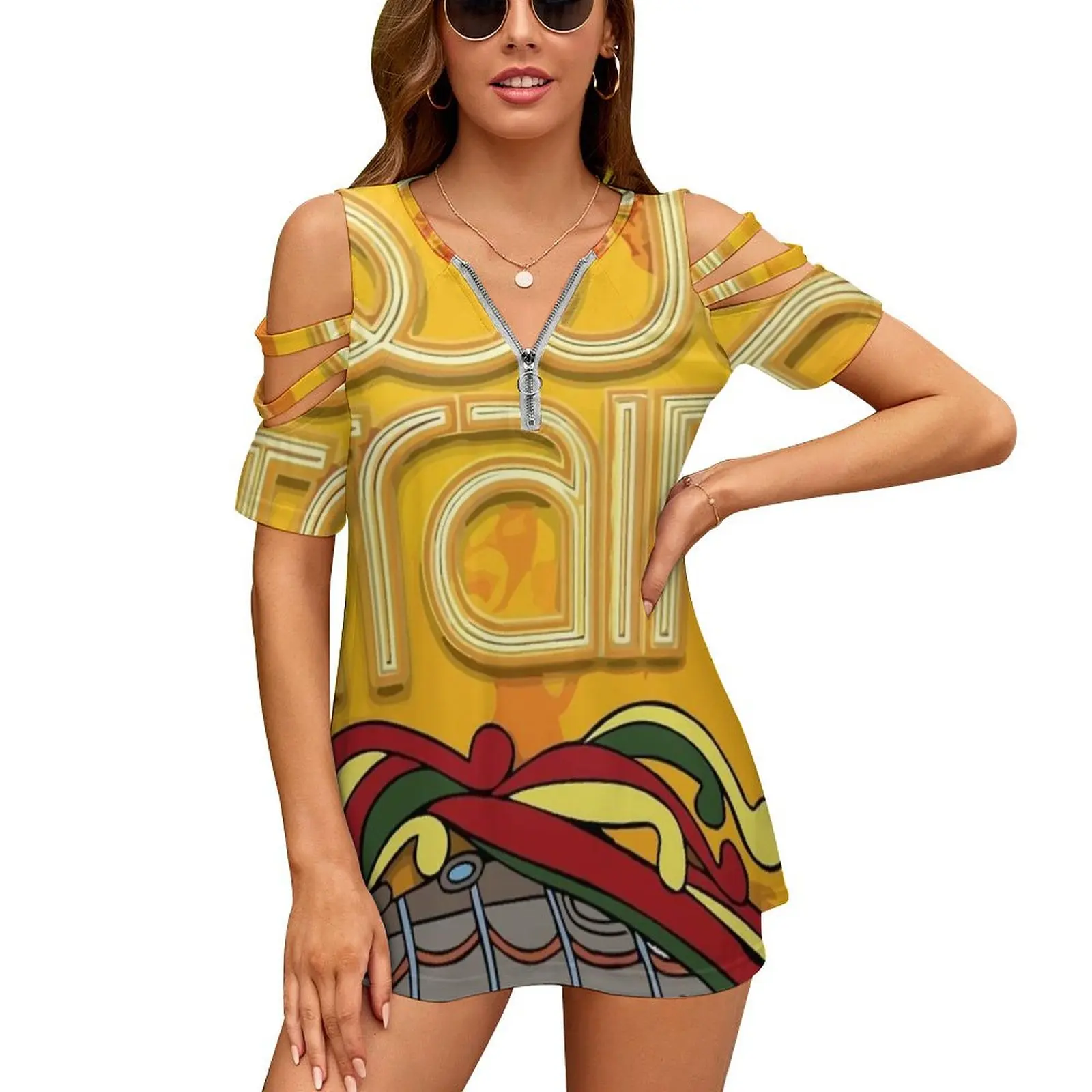 

Best Of Soul Train Women's T-Shirt Summer Fashion Print Floral V-Neck Zipper Tshirt Hollow Pullover Ladies Top Jazz Mento