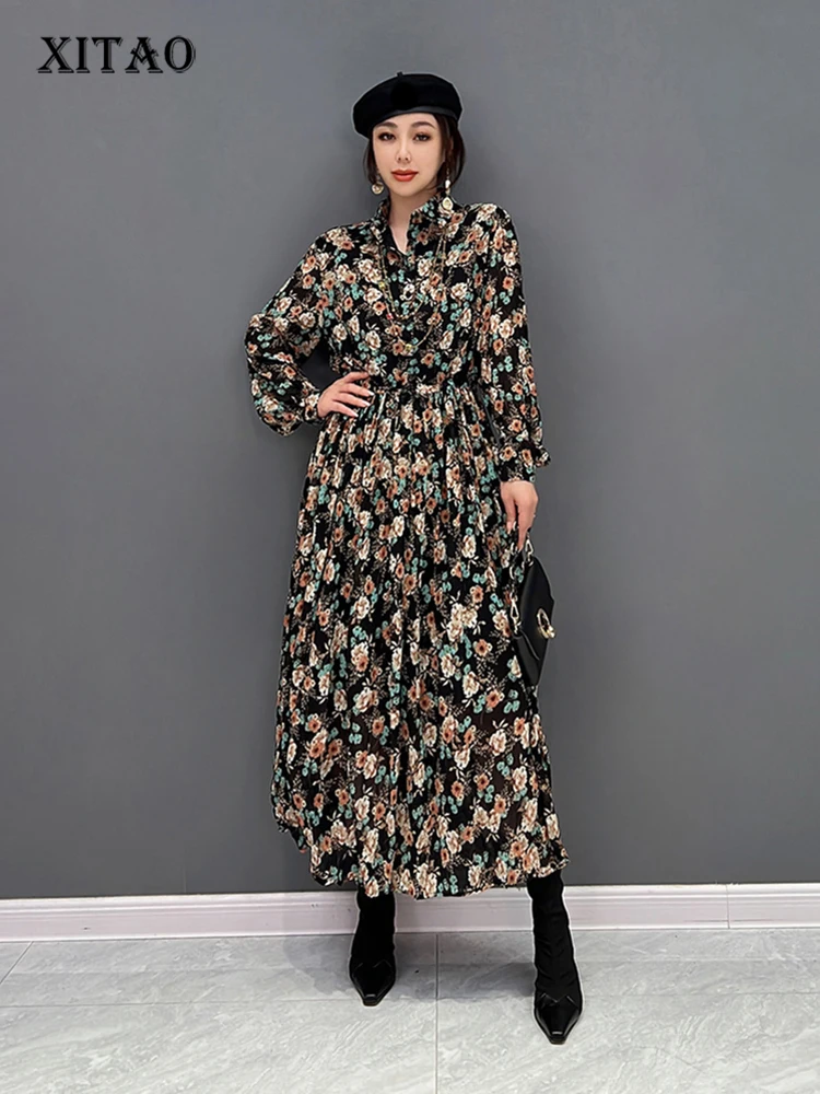 

XITAO Fashion Small Flower Print Dress Vintage Women Loose Simplicity Temperament Turn-down Collar Shirt Dress New WLD9413