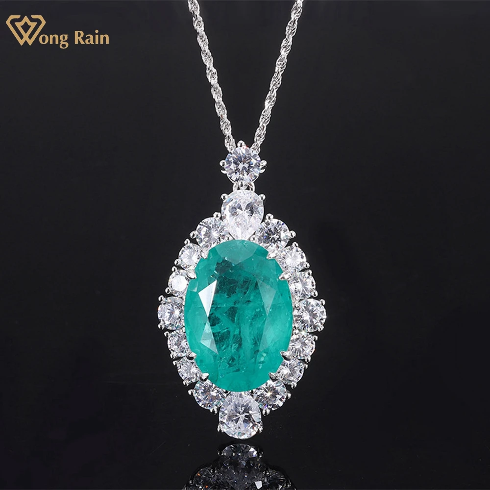 

Wong Rain 925 Sterling Silver 17*25MM Created Moissanite Emerald Paraiba Tourmaline Gemstone Pendant Necklace Fine Jewelry Gifts