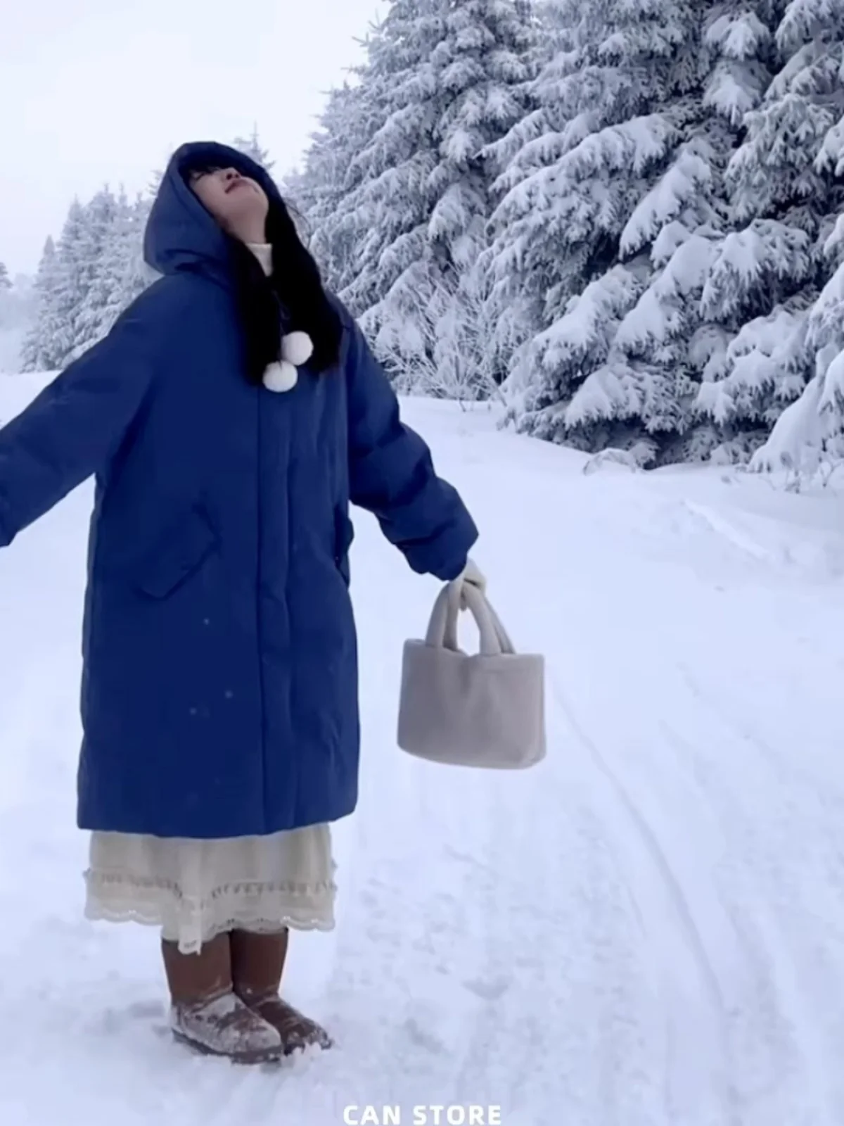 Korean Series Blue Sweet and Cute Hood Cotton-Padded Coat for Women 2024 Winter New Loose Warm Mid-Length Outerwear Cotton-Pa...