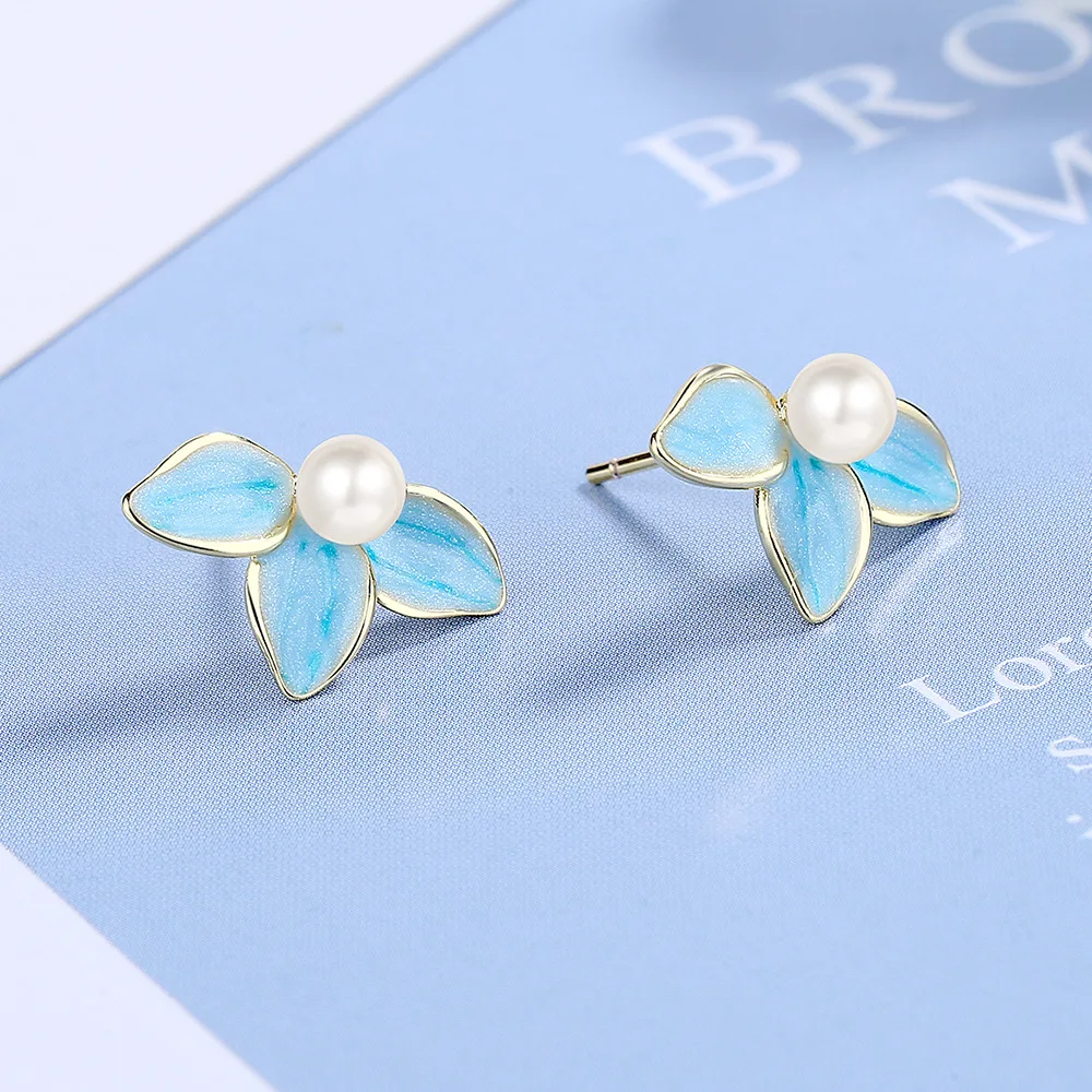 Blue Enamel Flower Pearl Stud Earrings For Women Fine Jewelry Minimalist Cute Plant