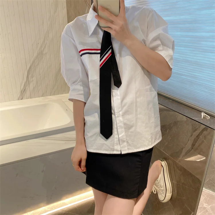 

Korean Style Spot Summer TB Puff Sleeve Shirt Pocket Color Bar Lapel Five-point Sleeve Short-sleeved Shirt Tide (send Tie)