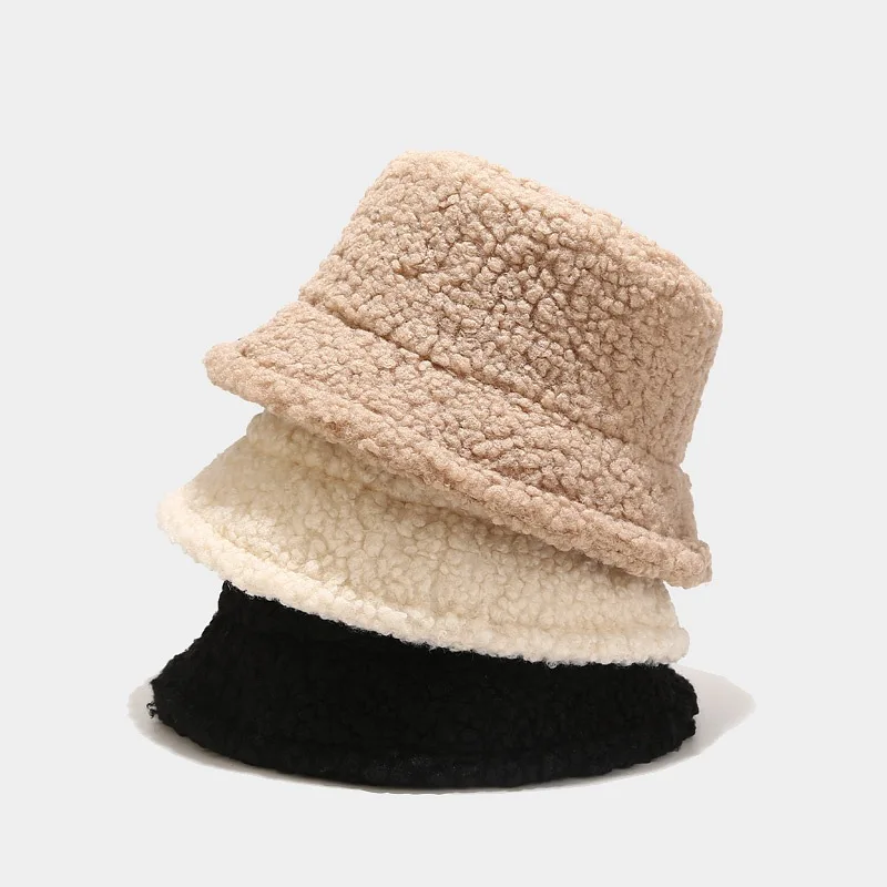 

2022 Bucket Hat Winter Warm Velvet Hats Caps Women Lady Outdoor Panama Lamb Faux Fur Fisherman Hat Female