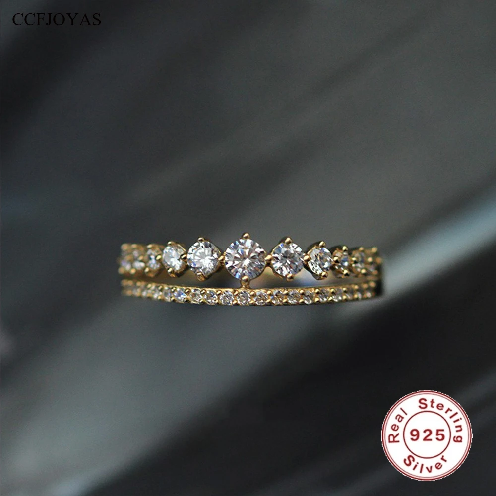 

CCFJOYAS 925 Sterling Silver Light Luxury Exquisite Gorgeous Double Row Zircon Ring for Women 18k Gold Plated Fine Jewelry