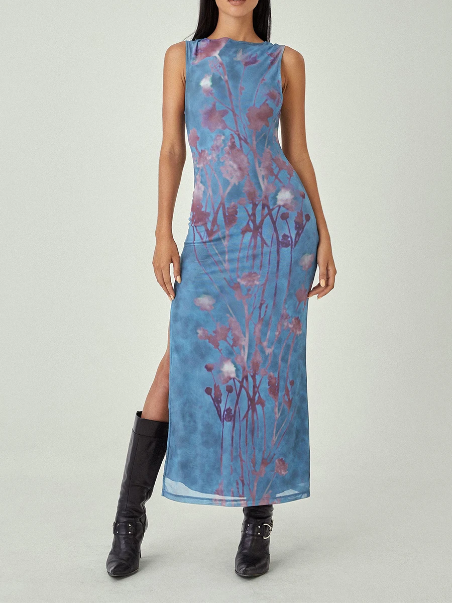 

Summer chic and elegant Women Bodycon Long Tank Dress Sleeveless High Split Floral Dress y2k Clothes