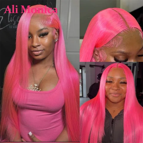 Hot Pink Wig Lace Front Human Hair Straight Glueless Pink Colored 13x6 Hd Lace Frontal Wigs for Women Preplucked 30 32 Inch Long