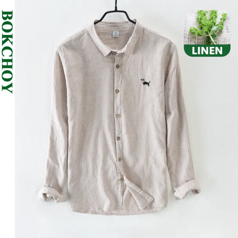 

Хлопковые и льняные рубашки для мужчин, удобные, дышащие, натуральные, повседневные, 2020, новые, с длинным рукавом, в полоску, с принтом животн...