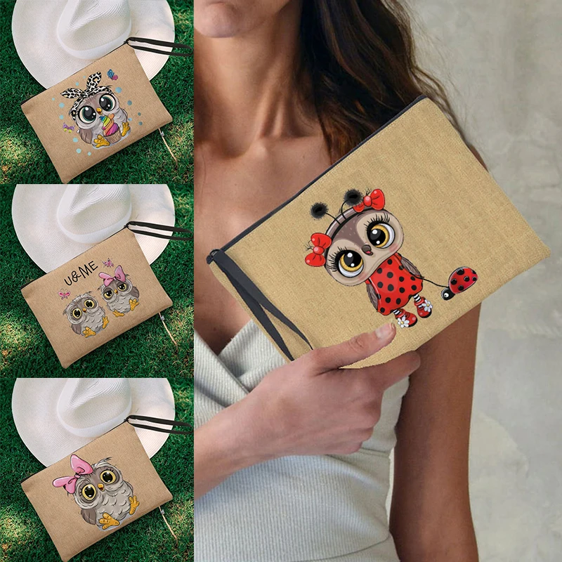 

Owl Cartoon Pattern Linen Wash Bag Bathroom Organizing Kit Ladies Cute Travel Lipstick Storage Organizer Box Travel Cosmetic Bag