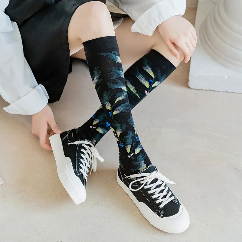 Calf socks European and American ins abstract art knee-length beautiful legs long combed cotton tide socks