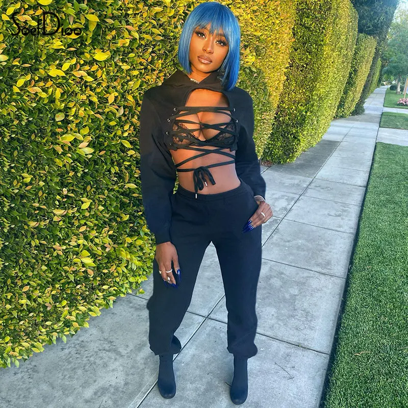 

Soefdioo Black Fleece Two Piece Set Women Casual Hooded Lace Up Long Sleeve Crop Tops and Pants Matching Autumn 2022 Tracksuits