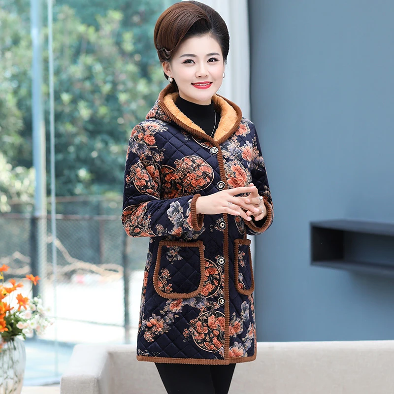 Oriental Winter Aged Women Floral Thermal Quilted Hooded Basic Coat Red Green Navy Blue Thick Fleece Lining Padded Overcoat 2022