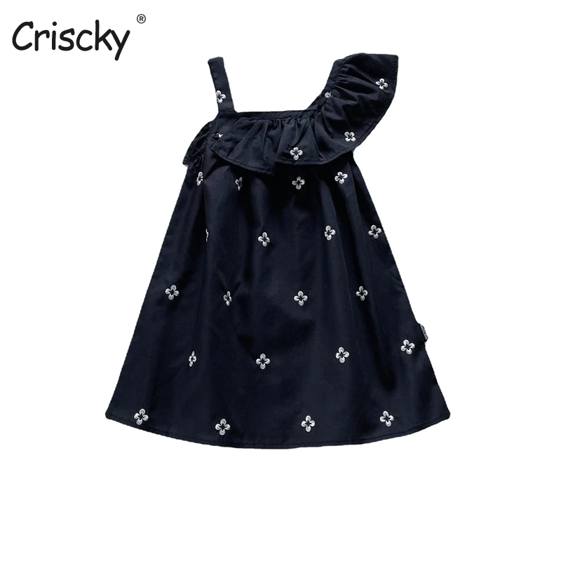 

Criscky Summer Toddler Baby Girl Sleeveless Ruffles Dress One Shoulder Kids Cotton Black Party Dresses Clothing
