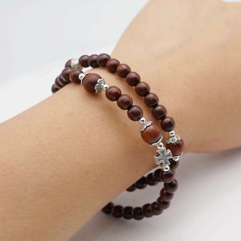 

Our Lady Miraculous Crucifixion Wooden Small Leaf Rosewood Stretch Bracelet 6mm - Two Loop Religious