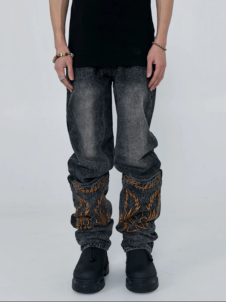 Джинсы IEFB мужские с вышивкой винтажные длинные брюки из денима в стиле пэчворк