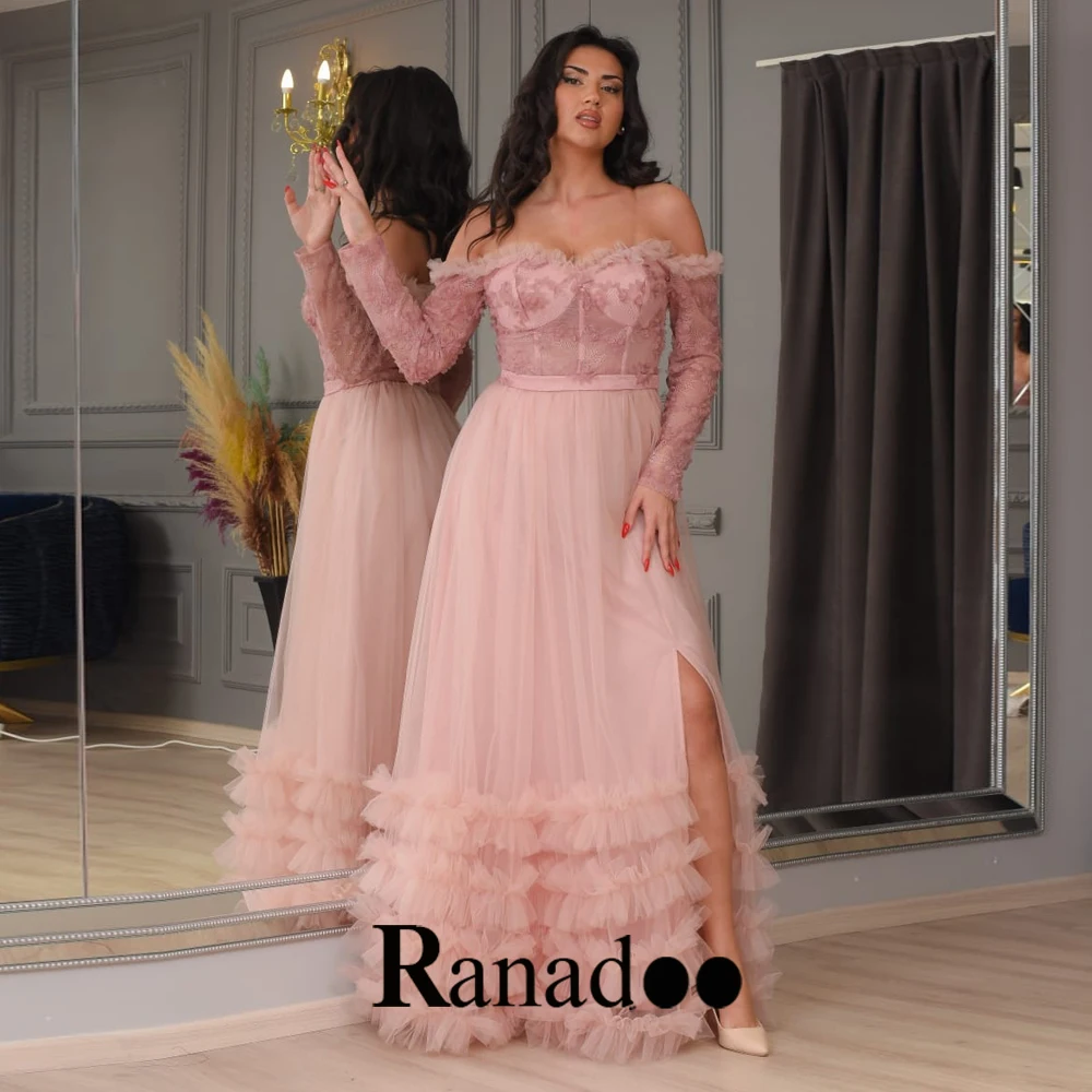 

Sweetheart Detachable Long Sleeve Formal Party Dresses For Women Tiered Slit Tulle Appliques Illusion Zipper Floor Length
