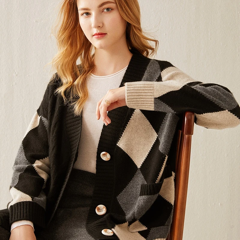 

Новинка 100%, кардиган из чистого кашемира, модный вязаный свитер в клетку со стразами, женский свободный облегающий свитер средней длины с V-образным вырезом, жакет, Топ