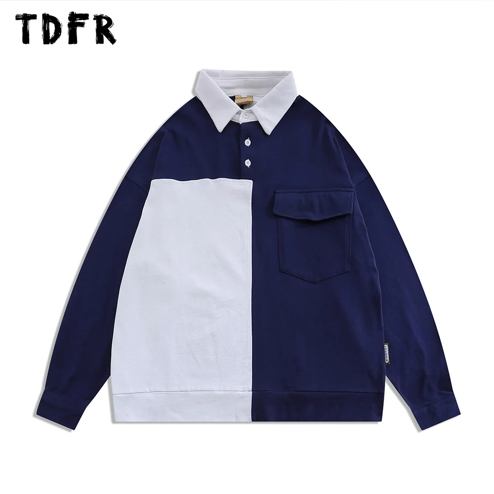 

Contrast Paneled Polo Shirt Mens Autumn Pocket Casual Streetwear Loose Drop Shoulder Long Sleeve Men