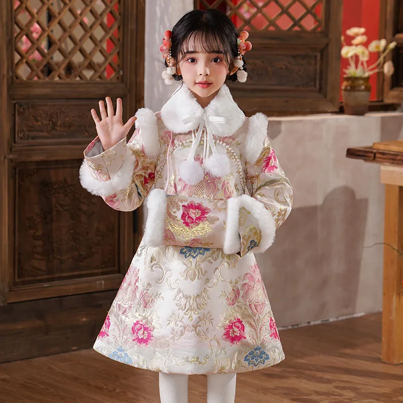 Новое зимнее плотное платье Ципао Ханфу для девочек детское Cheongsam с вышивкой