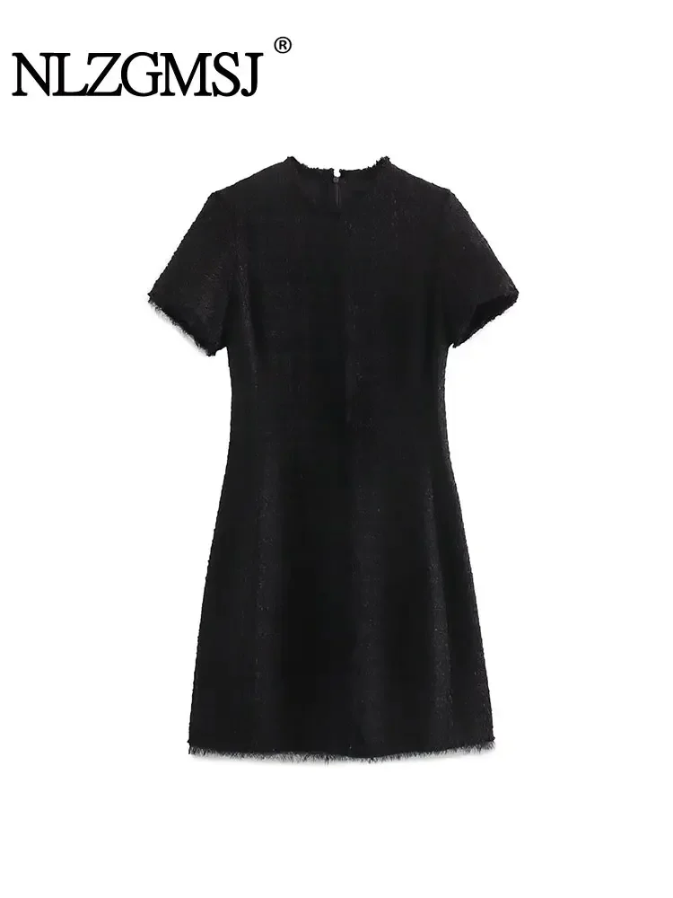 Осенние платья Nlzgmsj TRAF для женщин 2024 твидовое платье миди с коротким рукавом и
